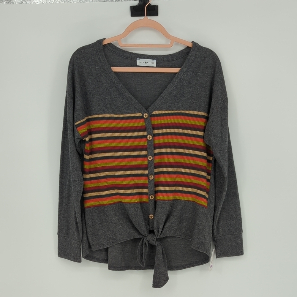 00360 Coco & Main Striped Knit Sweater Top Gray Size Medium retro casual preppy